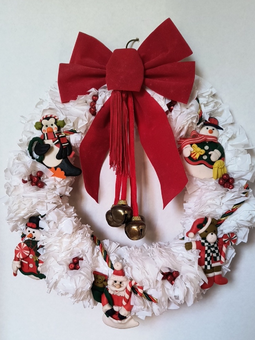 Festive White Christmas Wreath with Red Bow & Jingle Bells Handmade B2